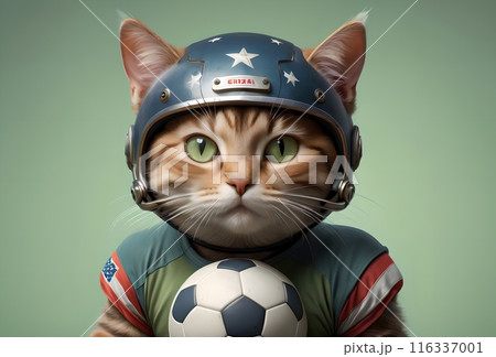 cat athlete wearing a T-shirt with an American flag 116337001