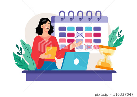 Businesswoman doing calendar management Illustration concept. A flat illustration isolated on white background Businesswoman doing calendar management Illustration concept. A flat illustration isolated on white background 116337047