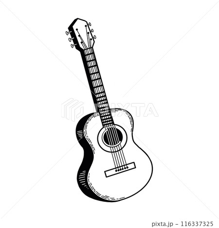 Musical instrument - guitar. Vector illustration. All objects are hand-drawn in black in vector. Suitable for printing on invitations, posters, cards and posters. 116337325