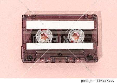 Old tape cassette with blank labels isolated on pink background, Template mock up Old tape cassette with blank labels isolated on pink background, Template mock up 116337335