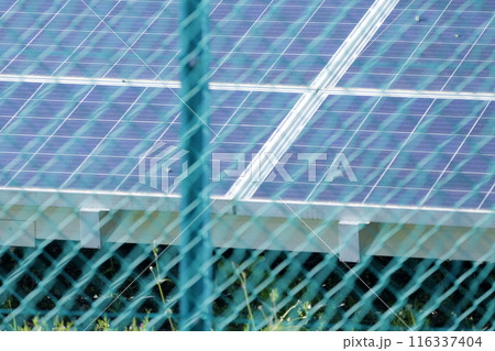 フェンスに囲まれた太陽光パネル フェンスに囲まれた太陽光パネル 116337404