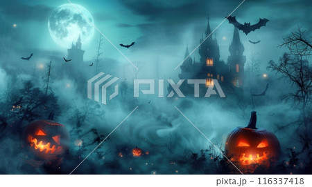 scary castle with pumpkins and bats in the graveyard 116337418