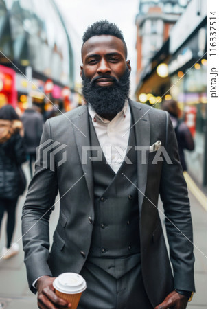 Bearded man in a three-piece suit holding coffee, blurred image. AI generation Bearded man in a three-piece suit holding coffee, blurred image. AI generation 116337514