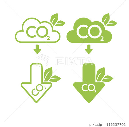 CO2 neutral icon set. Carbon gas emission reduction green labels. Ecology, environment, air pollution improvement concept. Flat Vector 116337701