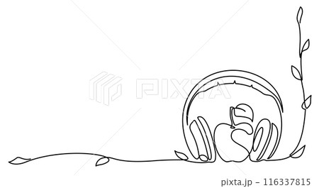 Headphones with apple and plants. Continuous one line drawing 116337815