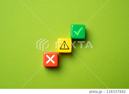 Three blocks in traffic light colors. Prohibition, caution and permission. Set millstones and deadlines in the project. Completing tasks. Fines and penalties. Work status, errors and bugs 116337882
