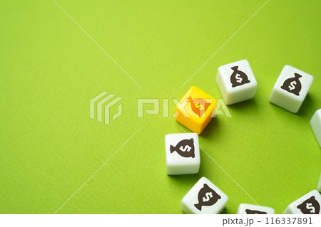 Highlighted money bag. Choosing a deposit or loan. Salary and income level. Prices, expenses. 116337891