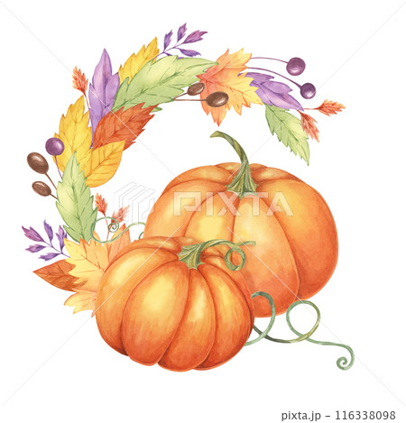 Autumn leaves and orange pumpkins watercolor wreath. Colorful Yellow, orange, red, purple foliage and squash clipart. Round frame Design element for autumnal decor, thanksgiving day, cards, gift tags, 116338098