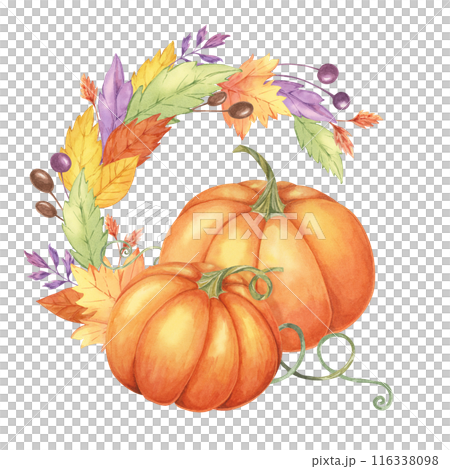 Autumn leaves and orange pumpkins watercolor wreath. Colorful Yellow, orange, red, purple foliage and squash clipart. Round frame Design element for autumnal decor, thanksgiving day, cards, gift tags, 116338098