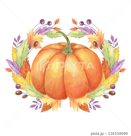 Autumn leaves and pumpkin watercolor wreath. Colorful Yellow, orange, red, purple foliage and squash clipart. Round frame Design element for autumnal decor, thanksgiving day, cards, gift tags, 116338099