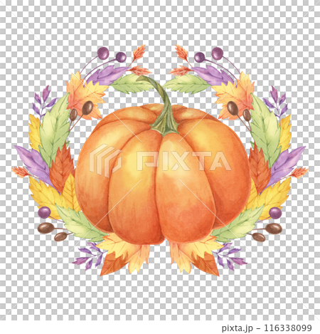 Autumn leaves and pumpkin watercolor wreath. Colorful Yellow, orange, red, purple foliage and squash clipart. Round frame Design element for autumnal decor, thanksgiving day, cards, gift tags, 116338099