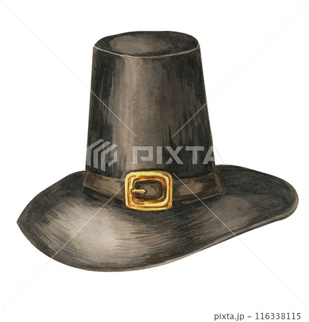Black Piligrim hat with gold buckle. Watercolor illustration of traditional Puritan headwear. Festive Thanksgiving symbol clipart for decorations, invitations, postcards, posters, sticker Black Piligrim hat with gold buckle. Watercolor illustration of traditional Puritan headwear. Festive Thanksgiving symbol clipart for decorations, invitations, postcards, posters, sticker 116338115