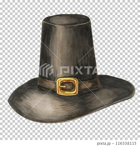 Black Piligrim hat with gold buckle. Watercolor illustration of traditional Puritan headwear. Festive Thanksgiving symbol clipart for decorations, invitations, postcards, posters, sticker Black Piligrim hat with gold buckle. Watercolor illustration of traditional Puritan headwear. Festive Thanksgiving symbol clipart for decorations, invitations, postcards, posters, sticker 116338115