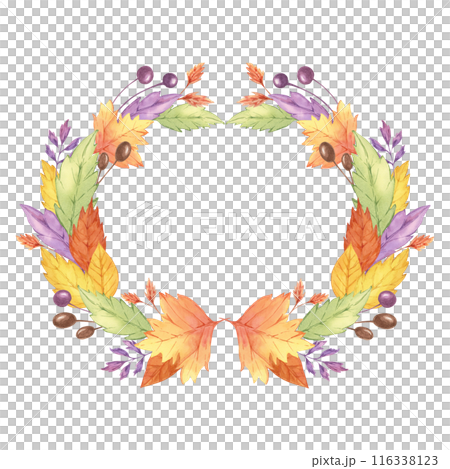 Autumn leaves watercolor wreath. Colorful Yellow, orange, red, purple foliage and berries clipart. Round frame Design element for autumnal decor, thanksgiving day, cards, gift tags, scrapbooking 116338123
