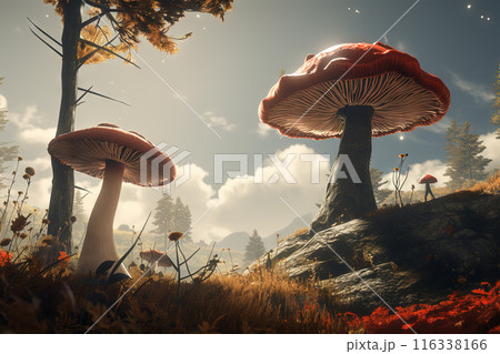 Giant magic mushrooms on the hill in forest. Fairytale artwork with surreal mushrooms. 116338166