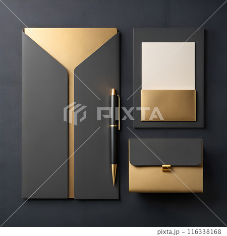 Mock up template with set of stationary elements. Folder, business card, envelope and pen. 116338168