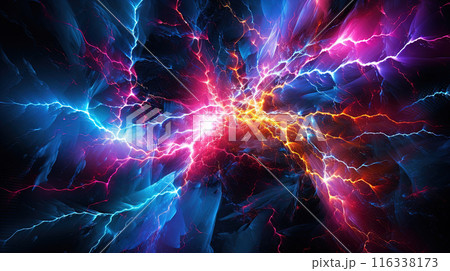 Fractal line of colorful lightning bolts. Abstract energy burst background. 116338173