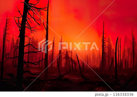 Red Sunset Over Burnt Forest, Catastrophe and Destruction, Fire and Tragedy. Climate change concept 116338336