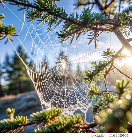 There is a spider web hanging from a tree branch in the sky 116338401