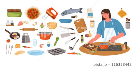 Cooking and kitchen tools. Woman chef preparing food with collection of ingredients and cooking utensils. Recipe creation kit for home cooking, dinner preparation, housewife hobby vector set 116338442