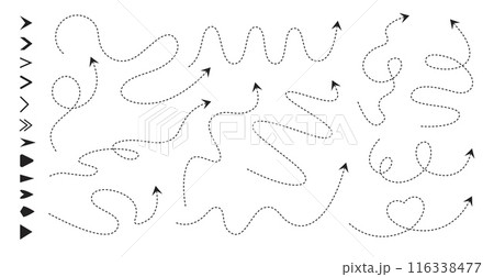 Dash line arrows. Route paths with arrow icons, roadmap direction pointer and navigation lines. Dashed routes with different arrowhead styles vector set. Curved dotted thin isolated way Dash line arrows. Route paths with arrow icons, roadmap direction pointer and navigation lines. Dashed routes with different arrowhead styles vector set. Curved dotted thin isolated way 116338477