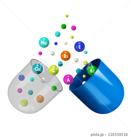 Multivitamin capsule pill. Open capsule shell with colorful complex vitamin granules and mineral pellets. Nutritional supplement isolated 3D. Medicine and pharma vector illustration Multivitamin capsule pill. Open capsule shell with colorful complex vitamin granules and mineral pellets. Nutritional supplement isolated 3D. Medicine and pharma vector illustration 116338516