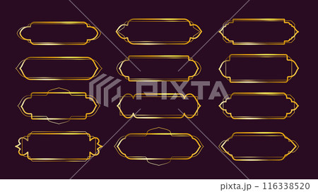 Arabic deco frames. Golden label border with Islamic window and oriental arches shapes. Luxurious gold line frame for UI button or horizontal art deco banner 1920s vector collection 116338520