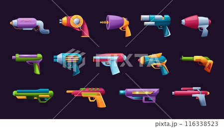 Futuristic cartoon blasters. Sci fi ray guns, space age weapons cartoon game design assets vector set. 116338523