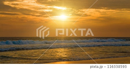 Panoramic beach landscape. Inspire tropical beach seascape horizon. golden sunset sky. Wide photo. Panoramic beach landscape. Inspire tropical beach seascape horizon. golden sunset sky. Wide photo. 116338593