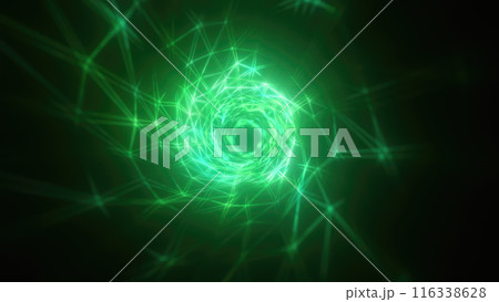 Abstract bright green glowing background with a tunnel of lines and stripes of energy of burning rays of plasma and electricity with light 116338628