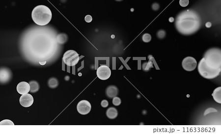 Abstract black and white glowing background with flying balls circles atoms molecules particles energy bubbles 116338629