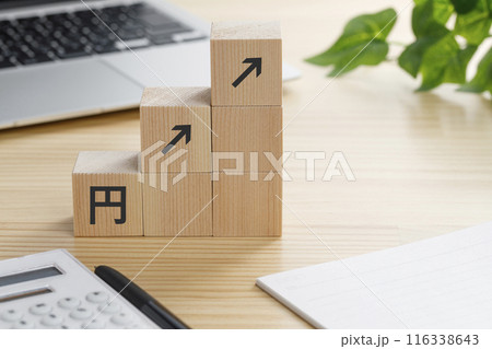 円アップの矢印が書かれた積み木のブロック 円アップの矢印が書かれた積み木のブロック 116338643