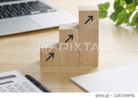 アップの矢印が書かれた積み木のブロック 116338648