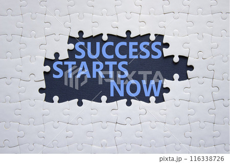 Success Starts Now symbol. Concept words Success Starts Now on white puzzle. Beautiful deep blue background. Psychological social and Success Starts Now concept. Copy space. Success Starts Now symbol. Concept words Success Starts Now on white puzzle. Beautiful deep blue background. Psychological social and Success Starts Now concept. Copy space. 116338726
