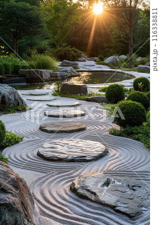 Blurred sunset in serene zen garden with pond. AI generation 116338811