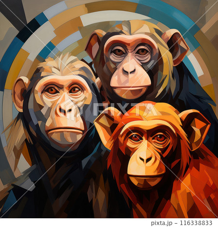 Portrait of three chimpanzees in cubist styles. AI generation 116338833