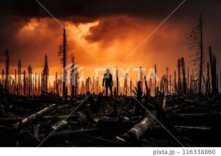 Silhouette in burned forest under dramatic sky, showing aftermath and devastation 116338860