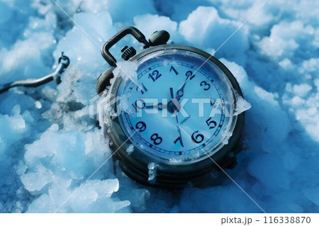 A clock in the ice which indicates that there is no time to save the melting ice because of climate change 116338870