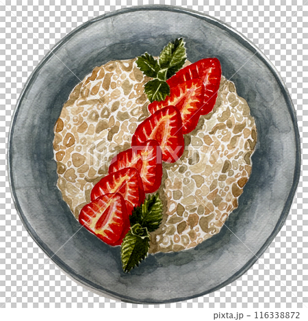 Porridge with strawberry. Bowl oat and cut strawberries and mint leaves. Watercolor breakfast food with berries. Porridge with strawberry. Bowl oat and cut strawberries and mint leaves. Watercolor breakfast food with berries. 116338872