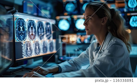 A focused female neuroscientist with glasses is carefully analyzing brain scans displayed on multiple digital screens in a high-tech medical facility 116338891