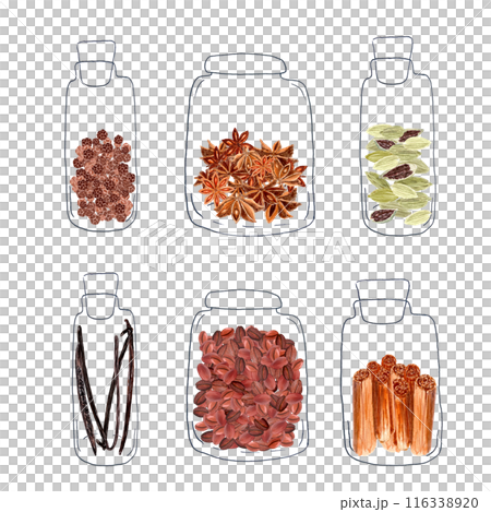 Ceylon cinnamon, star-anis, cardamom, black pepper, vanilla, coffee beans in transparent jars mixed media set isolated on white, hand drawn. Great for spice box, menu, recipes, labels, logo, food ads 116338920