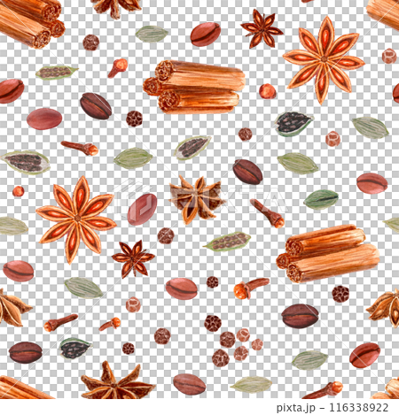 Star anise, cardamom, clove, black pepper, coffee watercolor seamless pattern on white. Spices with detailed texture and shades. Perfect for culinary, kitchen textile, wrapping paper, bags, spice Star anise, cardamom, clove, black pepper, coffee watercolor seamless pattern on white. Spices with detailed texture and shades. Perfect for culinary, kitchen textile, wrapping paper, bags, spice 116338922