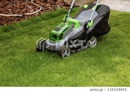 A young man is mowing a lawn with a lawn mower in his beautiful green floral summer garden 116338943