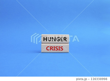 Hunger Crisis symbol. Wooden blocks with words Hunger Crisis. Beautiful blue background. Business and Hunger Crisis concept. Copy space. 116338998