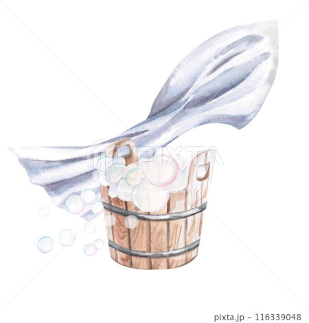 Wooden bucket with soap bubbles towel in watercolor illustration on a white background. Hand-drawn illustration of a set for advertising spa, hamam, Turkish bath, Finnish sauna, beauty salons Wooden bucket with soap bubbles towel in watercolor illustration on a white background. Hand-drawn illustration of a set for advertising spa, hamam, Turkish bath, Finnish sauna, beauty salons 116339048