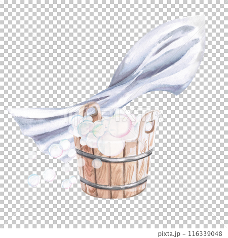 Wooden bucket with soap bubbles towel in watercolor illustration on a white background. Hand-drawn illustration of a set for advertising spa, hamam, Turkish bath, Finnish sauna, beauty salons Wooden bucket with soap bubbles towel in watercolor illustration on a white background. Hand-drawn illustration of a set for advertising spa, hamam, Turkish bath, Finnish sauna, beauty salons 116339048