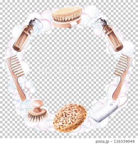 Frame of comb, dispenser, bubbles, brush, pumice stone in watercolor illustration on a white background. Hand drawn illustration of a set for advertising spas, baths, saunas, beauty salons, laundry Frame of comb, dispenser, bubbles, brush, pumice stone in watercolor illustration on a white background. Hand drawn illustration of a set for advertising spas, baths, saunas, beauty salons, laundry 116339049
