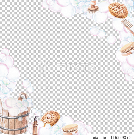 Frame with an oak broom for a sauna, a tub a washcloth in a watercolor illustration on a white background. Hand-drawn illustration, banner for advertising spa, baths, saunas, beauty salons, laundry 116339050