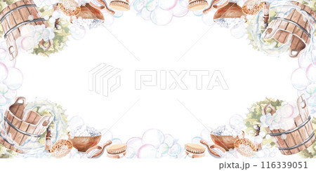 Frame with an oak broom for a sauna, a tub a washcloth in a watercolor illustration on a white background. Hand-drawn illustration, banner for advertising spa, baths, saunas, beauty salons, laundry. 116339051
