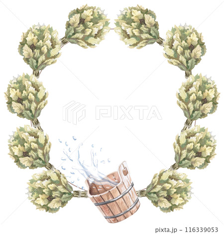 Oak broom for sauna, tub, splashes of water in watercolor illustration on a white background. Hand drawn illustration of a set for advertising spas, baths, saunas, beauty salons, laundry 116339053